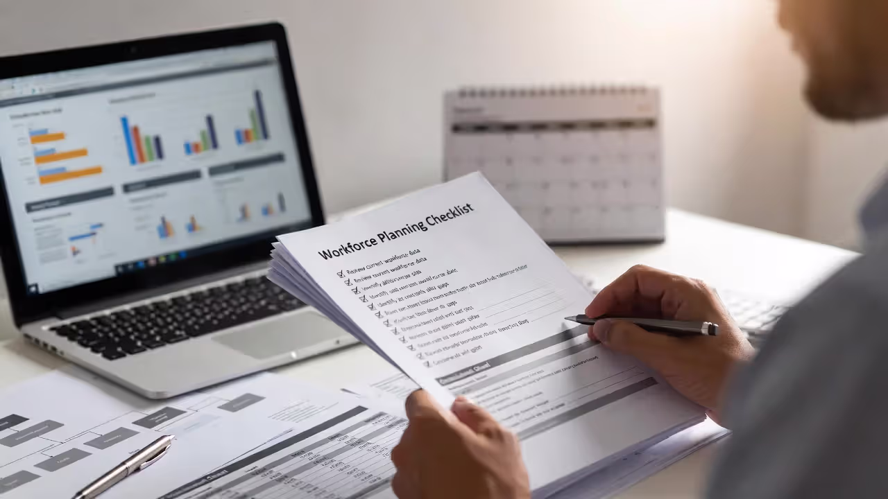 HR manager working with a workforce planning checklist, budget sheet, and organizational chart