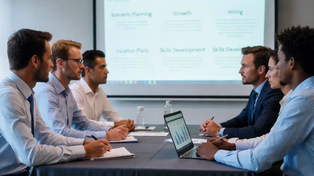 Leadership team and HR discussing workforce planning scenarios and staffing strategy in a meeting