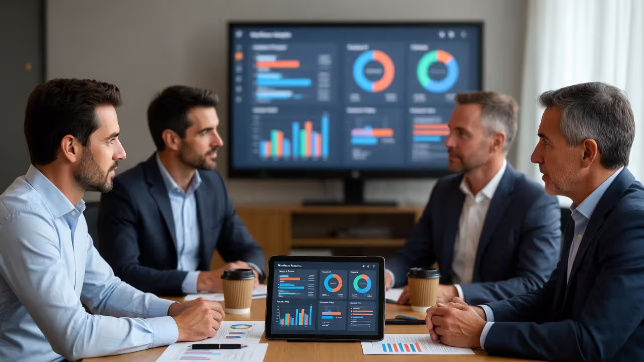 HR team and managers discussing workforce analytics, retention, and succession planning metrics