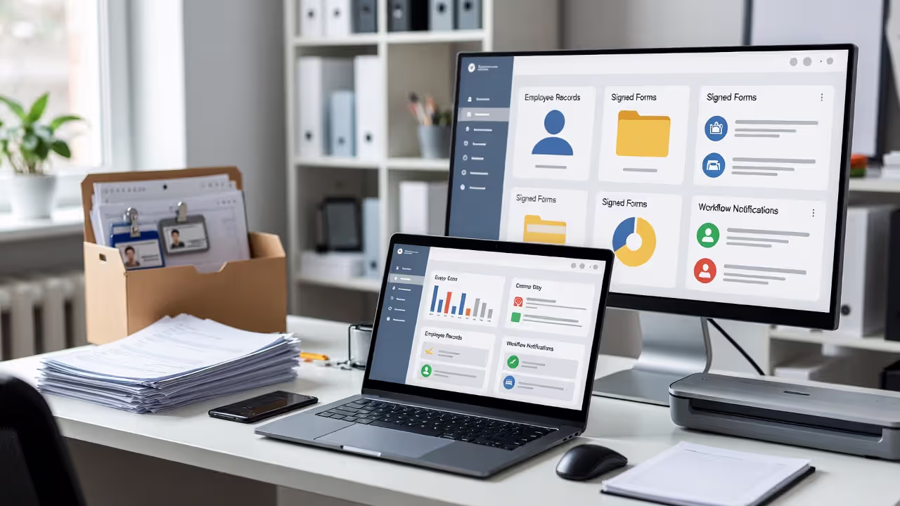 HR specialist using a digital document management system with employee files and workflow records